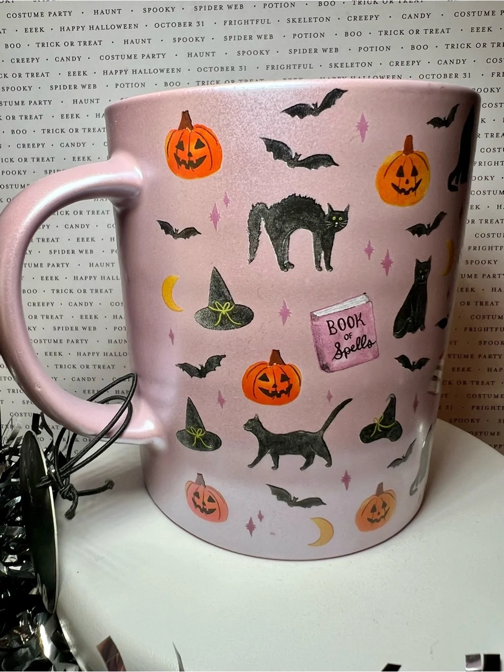 Halloween Black Cats & Books Ceramic Mug Lavender Pearl Bats Witch Hat Spells